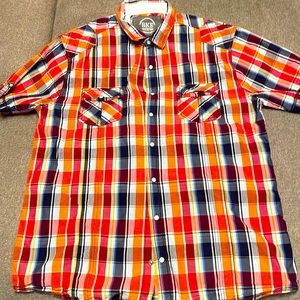 $$ BKE buckle Pearl Snap Shirt Men xL Red Blue orange Plaid Cowboy athletic fit